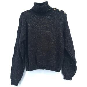 Vintage Toi Turtleneck Thick Ribbed Black & Gold Metallic Sweater Gold Buttons L